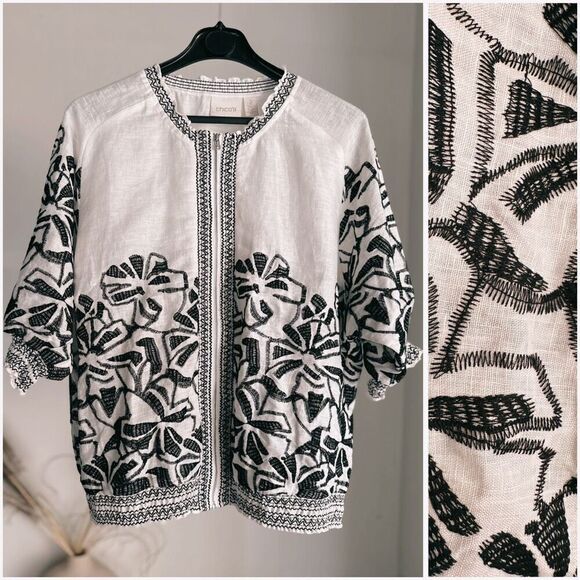 Chico’s 100% Linen Embroidered Smocked Jacket 2 / Large - Picture 1 of 5